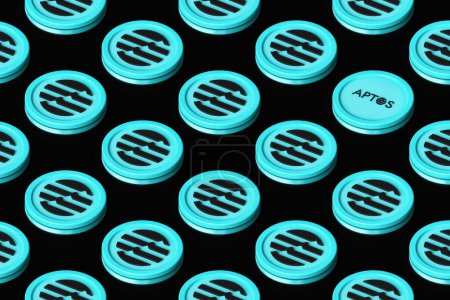 Photo for Aptos Apt cryptocurrency tokens arranged on a surface forming rows seen in perspective from above. Suitable for illustrating news, ads and articles. High quality 3D rendering. - Royalty Free Image