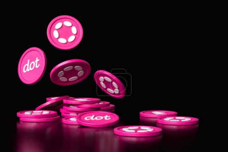 Photo for Dot Polkadot cryptocurrency dynamic illustration of falling tokens and stacks of coins isolated on black background. Suitable for illustrating blockchain news and contents.  High quality 3D rendering. - Royalty Free Image