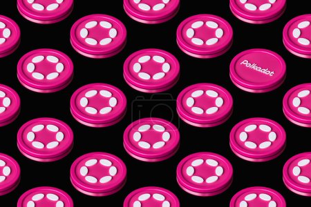 Photo for Polkadot Dot cryptocurrency tokens arranged on a surface forming rows seen in perspective from above. Suitable for illustrating news, ads and articles. High quality 3D rendering - Royalty Free Image