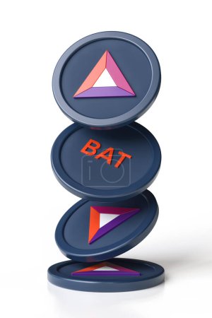 Photo for Basic Attention Token Bat cryptocurrency tokens in movement falling on a white surface. Design suitable for illustrating new technologies of investments and digital money. High resolution 3D rendering. - Royalty Free Image