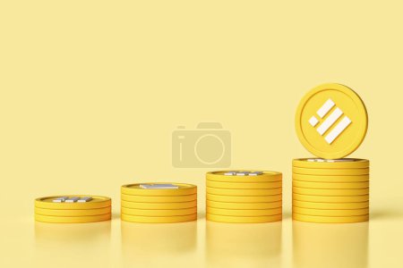 Photo for Set of stacks of Binance Usd Busd stablecoin tokens sorted from smallest to largest. Design suitable for prints, ads or banners for cryptocurrency concepts. High definition 3D rendering. - Royalty Free Image