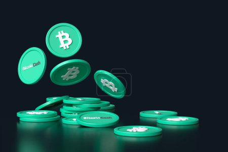 Photo for Bitcoin Cash Bch cryptocurrency dynamic illustration of falling tokens and stacks of coins isolated on matte black background. Suitable for illustrating news and blog contents.  High quality 3D rendering. - Royalty Free Image