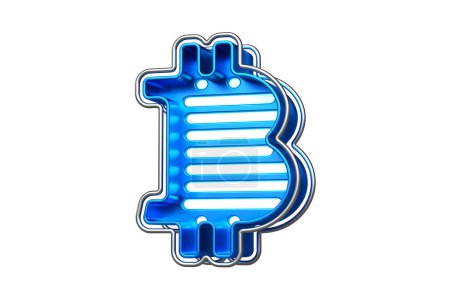 Foto de Logo de Bitcoin cromado con neones. Diseño adecuado para ilustrar blogs, noticias y anuncios en un concepto de criptomoneda. Renderizado 3D de alta calidad. - Imagen libre de derechos