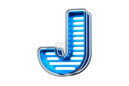Photo for Neon lines and stainless steel style typography letter J in blue. Nice typeface for designing titles, ad headers and eye-catching texts. High quality 3D rendering - Royalty Free Image