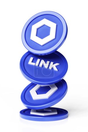 Téléchargez les photos : Jeu de jetons Chainlink Link tombant sur une surface blanche. Conception adaptée aux concepts de crypto-monnaie et de blockchain. rendu 3D haute définition. - en image libre de droit