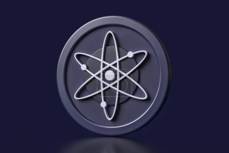 Téléchargez les photos : Cosmos Atom crypto monnaie icône 3D isolé sur un fond bleu foncé. Convient pour le système blockchain et les concepts d'investissement. rendu 3D de haute qualité. - en image libre de droit