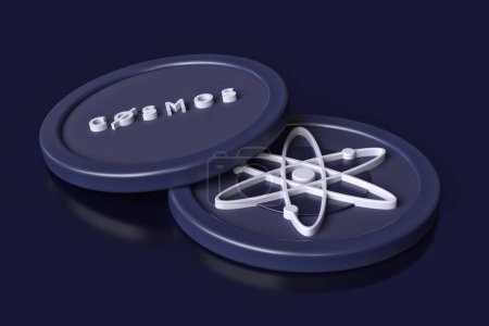 Foto de Conjunto de 2 fichas de criptomoneda Cosmos Atom que muestran el logotipo y el nombre. Visualización 3D de alta resolución. - Imagen libre de derechos