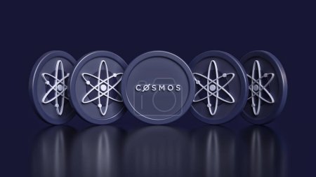 Foto de Set de 5 fichas de Cosmos Atom vistas desde varios ángulos diferentes sobre un fondo oscuro. Diseño ilustrativo adecuado para temas criptomoneda. Renderizado 3D de alta calidad. - Imagen libre de derechos