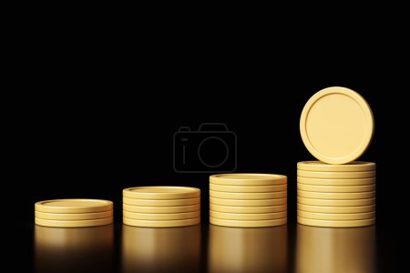 Photo for Token stacks in matte gold color sorted from smallest to largest. Illustration suitable for cryptocurrency or banking concepts. High quality 3D rendering. - Royalty Free Image