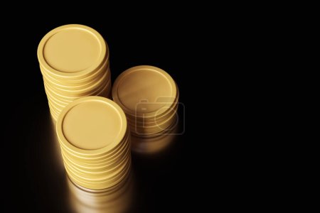 Foto de Plantilla de 3 pilas de monedas de oro vistas desde un ángulo de visión superior. Ilustración adecuada para criptomoneda y conceptos de dinero en crecimiento. Renderizado 3D de alta calidad. - Imagen libre de derechos