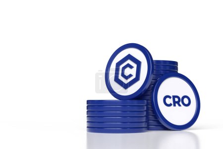 Foto de Conjunto de Cronos Cro pilas de monedas y fichas que muestran el logotipo y el ticker. Diseño ilustrativo adecuado para conceptos criptomoneda y altcoin. Renderizado 3D de alta calidad. - Imagen libre de derechos