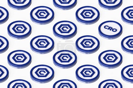 Photo for Cronos Cro cryptocurrency tokens arranged on a surface forming rows seen in perspective from above. Suitable for illustrating news, ads and articles. High quality 3D rendering. - Royalty Free Image