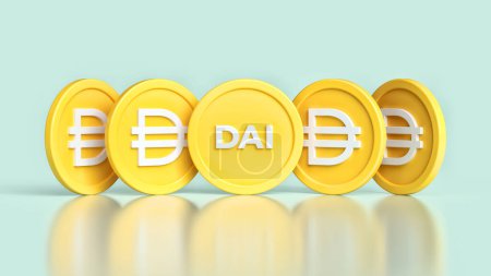 Set of Dai stablecoin tokens seen from different angles. Illustrative design suitable for cryptocurrency ads, news and projects. High quality 3D rendering.