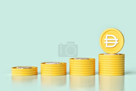 Photo for Set of 4 stacks of Dai stablecoin tokens sorted in order from smallest to largest. Suitable design for ads and banners for cryptocurrency concepts. High definition 3D rendering. - Royalty Free Image