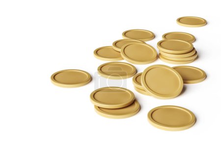 Photo for Mock up of golden coins or tokens scattered randomly on a surface viewed from above suitable for financial designing concepts.  High quality 3D rendering. - Royalty Free Image