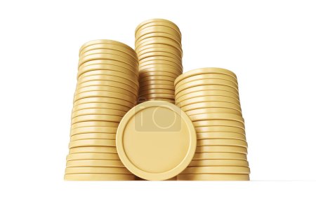 Foto de Set de 3 pilas de monedas de oro mate. Mockup adecuado para activos criptográficos y conceptos de dinero. Renderizado 3D de alta calidad. - Imagen libre de derechos