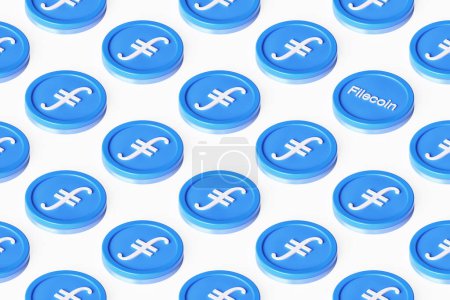 Photo for Filecoin Fil cryptocurrency tokens arranged on a surface forming a row pattern seen in perspective from above. Suitable for illustrating news, ads and articles. High quality 3D rendering. - Royalty Free Image