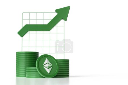 Photo for Ethereum Classic Etc crypto coins stacked next to a chart board with an uptrend arrow, minimal white and green color scheme. High quality 3D rendering. - Royalty Free Image