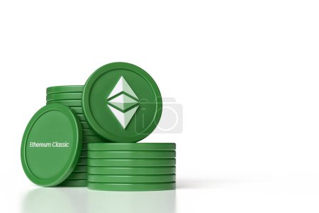 Foto de Ethereum Classic monedas apiladas con espacio de copia. Esquema de color verde y blanco. Ethereum criptomoneda símbolo y nombre. Renderizado 3D de alta calidad. - Imagen libre de derechos