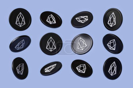 Photo for Set of Eos cryptocurrency tokens viewed from multiple angles. Suitable for creating compositions with dynamic coins. High definition 3D rendering. - Royalty Free Image