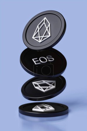 Photo for Eos cryptocurrency tokens in movement falling on a light blue surface. Design suitable for illustrating new technologies of altcoins. High resolution 3D rendering - Royalty Free Image