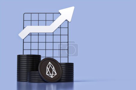 Photo for Eos cryptocurrency tokens stacked next to a chart with an uptrend arrow. Design suitable for illustrating concepts of altcoins investments. High quality 3D rendering - Royalty Free Image