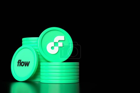 Téléchargez les photos : Ensemble de piles et de jetons crypto-monnaie Flow montrant le logo et le ticker. Conception illustrative adaptée aux concepts de crypto-monnaie altcoin. rendu 3D de haute qualité. - en image libre de droit