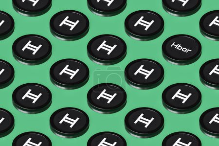 Photo for Hedera Hbar cryptocurrency tokens arranged on a surface forming rows seen in perspective from above. Suitable for illustrating news, ads and articles. High quality 3D rendering. - Royalty Free Image