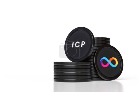Photo for Set of Internet Computer Icp crypto coin stacks and tokens showing logo and ticker. Illustrative design suitable for cryptocurrency and metaverse asset concepts. High quality 3D rendering. - Royalty Free Image