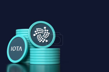 Photo for Stacked Iota coins and copy space for a cryptocurrency concept. Dark blue, teal and white color scheme. High quality 3D rendering. - Royalty Free Image