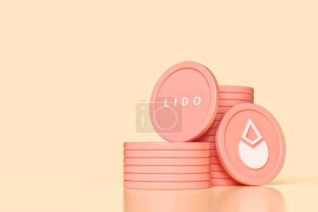 Photo for Set of Lido Dao coin stacks and tokens showing logo and ticker. Illustrative design suitable for cryptocurrency and altcoin concepts. High quality 3D rendering. - Royalty Free Image