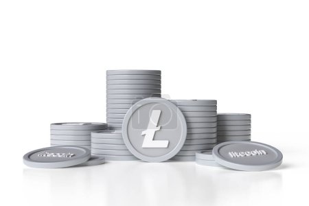 Photo for Set of Litecoin token stacks on a clear white background. Nice design suitable for electronic payment concepts. High quality 3D rendering. - Royalty Free Image