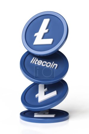 Foto de Litecoin Ltc fichas que caen sobre una superficie blanca. Diseño adecuado para conceptos de criptomoneda y blockchain. Representación 3D de alta definición. - Imagen libre de derechos