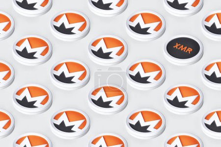 Photo for Monero Xmr cryptocurrency tokens arranged on a surface forming rows seen in perspective from above. Suitable for illustrating news, ads and articles. High quality 3D rendering. - Royalty Free Image
