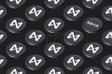 Photo for Near Protocol cryptocurrency tokens arranged on a surface forming rows seen in perspective from above. Suitable for illustrating news, ads and articles. High quality 3D rendering. - Royalty Free Image