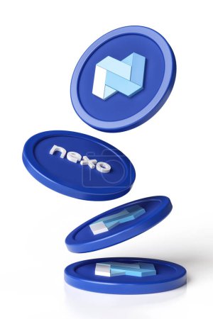 Téléchargez les photos : Nexo crypto jetons tombant sur une surface blanche. Design vertical adapté pour les annonces, les promotions et les nouvelles dans un thème concept crypto-monnaie. rendu 3D haute définition. - en image libre de droit