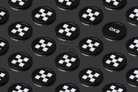 Photo for Okb cryptocurrency tokens arranged on a surface forming rows seen in perspective from above. Suitable for illustrating news, ads and articles. High quality 3D rendering. - Royalty Free Image