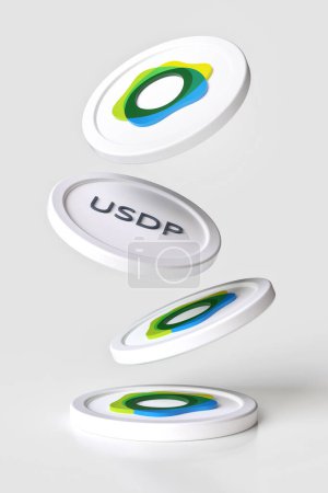 Pax Dollar Usdp stablecoin tokens falling down on a white surface. Design suitable for illustrating cryptocurrency concepts. High resolution 3D rendering.