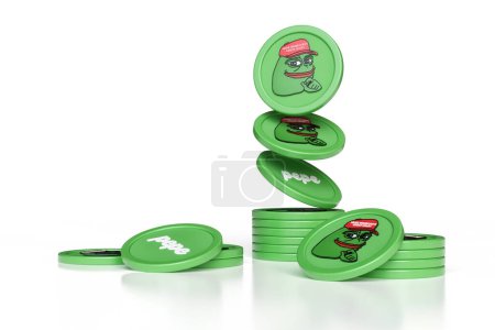 Foto de Meme muestra rana Pepe en movimiento formando una pila. Adecuado para ilustrar conceptos de diseño de altcoins criptomoneda. Renderizado 3D de alta calidad. - Imagen libre de derechos