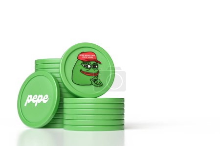 Photo for Set of Pepe meme token stacks and coins showing emblem and asset name. Illustrative design suitable for altcoin cryptocurrency concepts. High quality 3D rendering. - Royalty Free Image