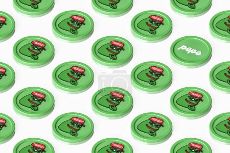 Photo for Meme Pepe cryptocurrency tokens arranged on a surface forming a row pattern seen in perspective from above. Suitable for illustrating news, ads and articles. High quality 3D rendering. - Royalty Free Image