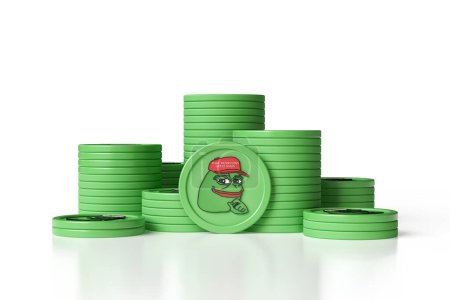 Photo for Pepe meme tokens in various stacks isolated on white background. Nice illustration suitable for cryptocurrency and digital money concepts. High quality 3D rendering - Royalty Free Image