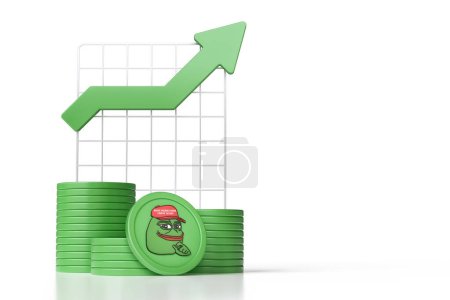 Photo for Pepe meme cryptocurrency tokens stacked next to a chart with an uptrend arrow. Design suitable for illustrating concepts of altcoins investments. High quality 3D rendering - Royalty Free Image