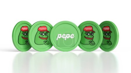 Photo for 5 standing cryptocurrency Pepe meme tokens seen from different angles. Design suitable flor illustrating digital asset concepts. High quality 3D rendering. - Royalty Free Image