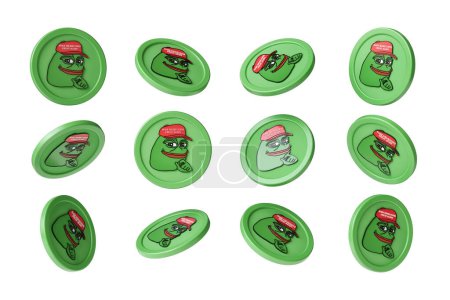Photo for Set of Pepe meme tokens viewed from multiple angles. Suitable for creating compositions with dynamic cryptocurrencies. High definition 3D rendering. - Royalty Free Image