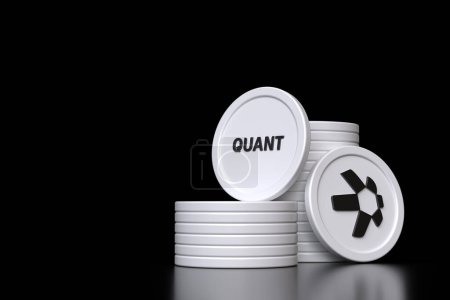 Foto de Conjunto de pilas y fichas de monedas Qnt de Quant Network que muestran el logotipo y el nombre del activo. Diseño ilustrativo adecuado para conceptos criptomoneda y altcoin. Renderizado 3D de alta calidad. - Imagen libre de derechos