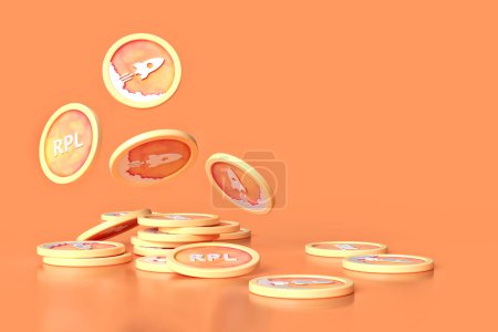 Téléchargez les photos : Rpl Rocket Pool crypto-monnaie illustration dynamique de jetons tombants et des piles de pièces isolées sur fond orange. Convient pour illustrer les nouvelles et le contenu du blog. rendu 3D de haute qualité. - en image libre de droit