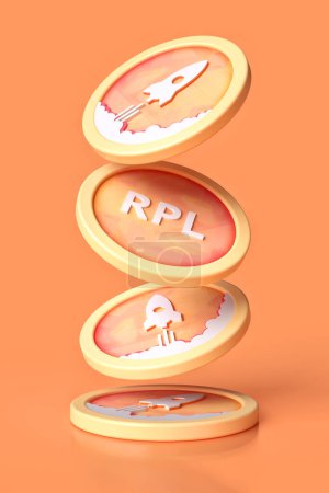 Foto de Rocket Pool Rpl tokens criptomoneda en movimiento cayendo sobre una superficie naranja. Diseño adecuado para ilustrar las nuevas tecnologías de altcoins. Visualización 3D de alta resolución. - Imagen libre de derechos