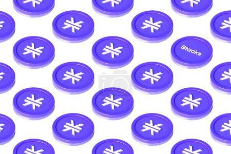 Photo for Stx Stacks metaverse crypto currency tokens arranged on a white surface forming rows seen in perspective from above. High quality 3D rendering. - Royalty Free Image