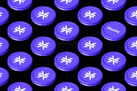 Photo for Stacks Stx cryptocurrency tokens arranged on a surface forming a row pattern seen in perspective from above. Suitable for illustrating metaverse asset concepts. High quality 3D rendering. - Royalty Free Image